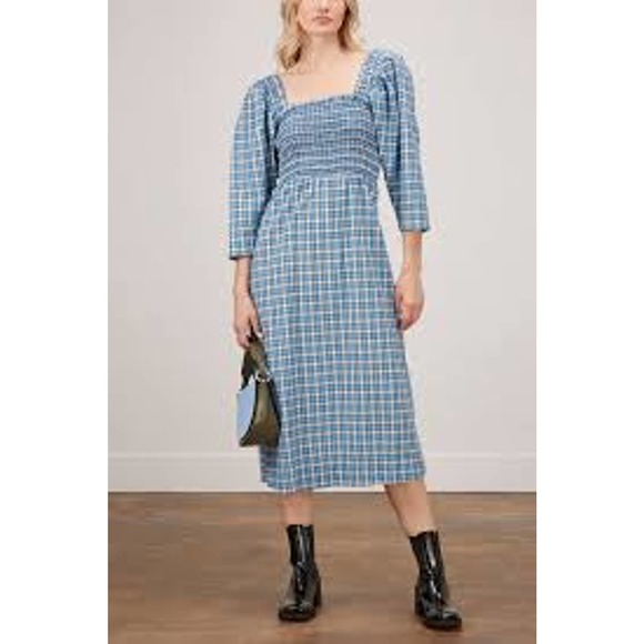 Ganni Dresses & Skirts - Ganni Seersucker Check Smock Midi Dress in Azure Blue